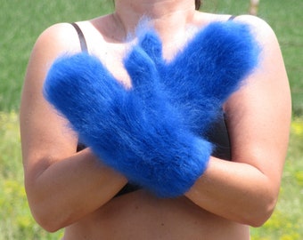 FUZZY Mohair mitones ROYAL BLUE hechos a mano cálidos calentadores de manos de punto Esquí