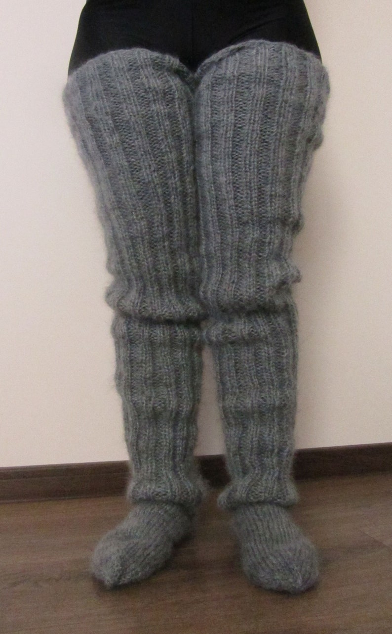 Mohair Hand knitted Long socks stockings GREY MELANGE leg warmers Fluffy Soft Cozy image 4