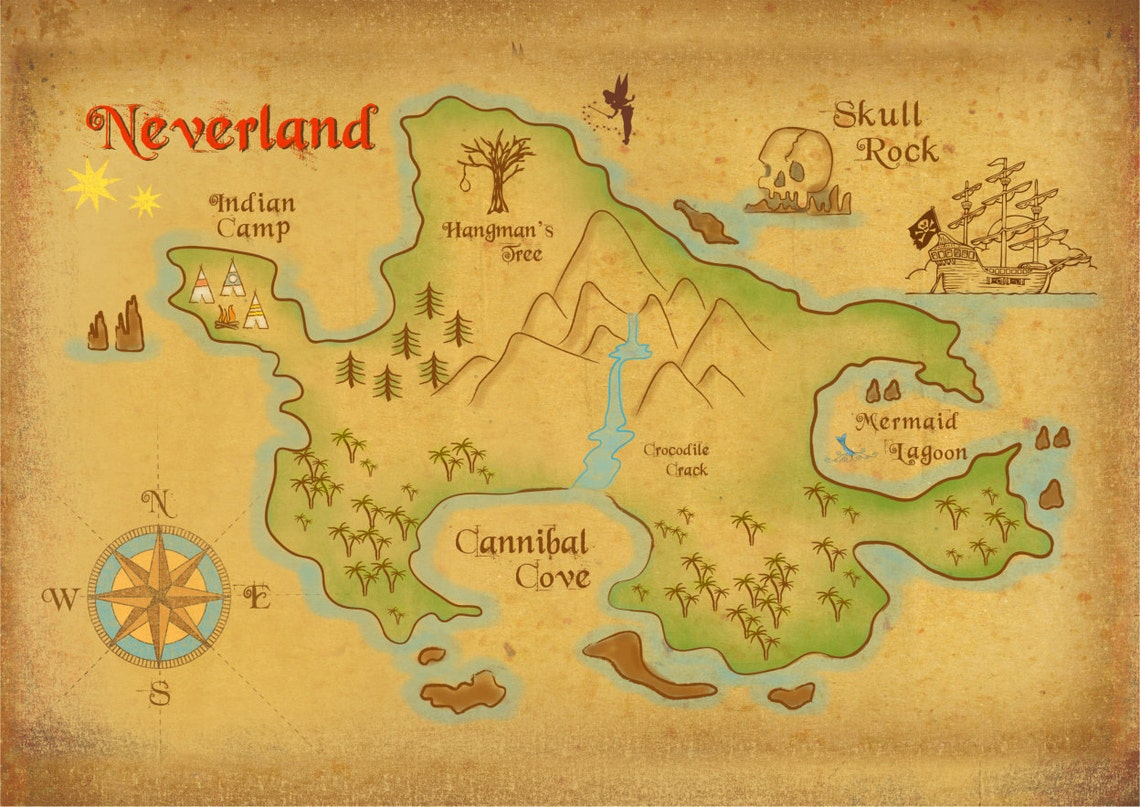 Mapa de Peter Pan Neverland Póster Etsy España