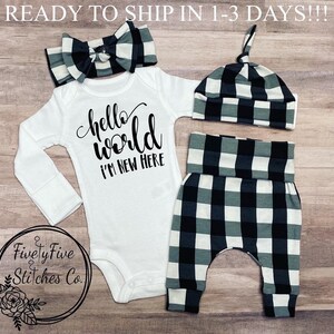 Gender Neutral Coming Home Outfit Unisex Going Home Outfit Take Home Outfit Buffalo Plaid Baby Gift Gender Neutral Baby Outfit Hello World