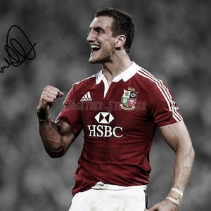 May include: A man wearing a red rugby jersey with white accents and the text "HSBC" on the front. He is celebrating with his arm raised in the air. The jersey has the British and Irish Lions logo on the chest.