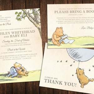 Klassieke Poeh baby shower uitnodiging, boek, dank u kaartsjabloon set | 100% bewerkbare tekst, afdrukbaar, INSTANT DOWNLOAD