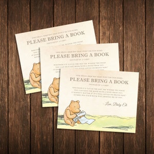 Modello di biglietto classico Pooh Baby Shower 'Porta un libro' / Testo modificabile al 100%, stampabile, DOWNLOAD immediato