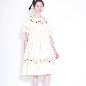 cutest VINTAGE yellow and white striped EMBROIDERED chambray dress