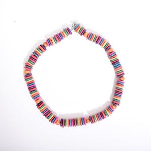 VINTAGE 70s multi color wood + bead necklace