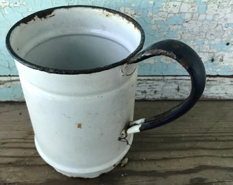 Vintage European White Enamelware Jug *Farmhouse Kitchen Jug *Wooden Utensil Holder*  Tabletop silverware holder * Modern Farmhouse Style *