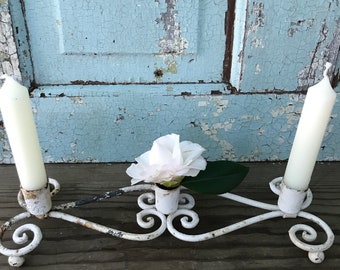 petite Vintage Candleholder* Garden style centerpiece * Shabby Chic Style Chippy White Paint Candle Holder *  Garden Party table top decor