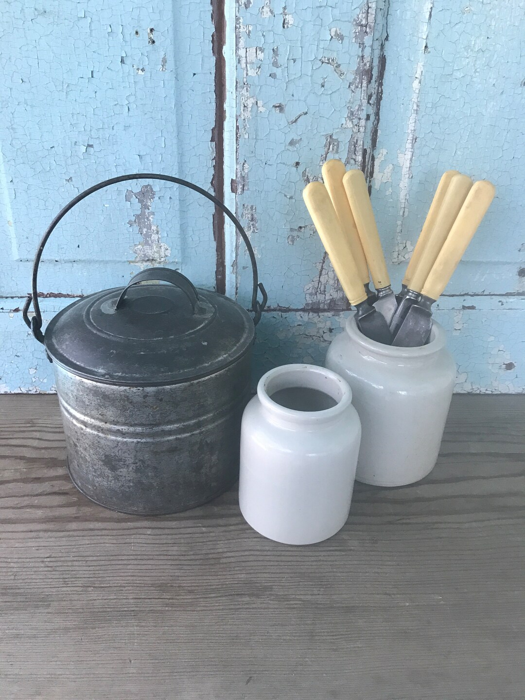 Vintage Tin Berry Bucket With Lid Primitive Lunch Pail Modern Farmhouse