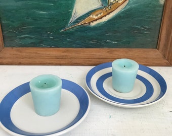 Vintage T.G. Green plates *Blue striped plates* Garden Party* Nantucket style * Blue and white Cornish ware* French style beach house vibes