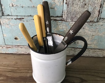 Set of 5 Antique Knives * Vintage Table Knives * Primitive Style Kitchen * Yellow Handle Knives * European Kitchen Decor * Assorted Cutlery