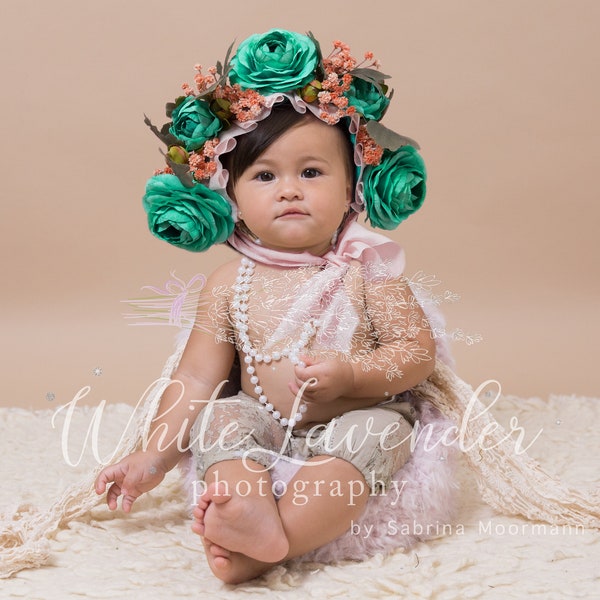 Milestone, Baby, newborn, digital, file, flower bonnet, photography, green, salmon