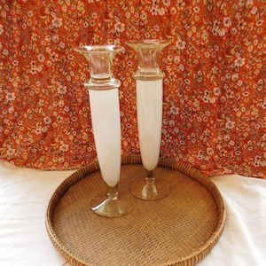 Pair of Vintage Art Deco Style White and Clear Large Glass Candlestick Holders
