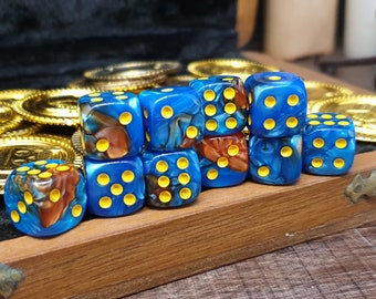 Opaque Marble Blue & Copper (Yellow Pip) | 10-Set of D6 12mm Pip Dice