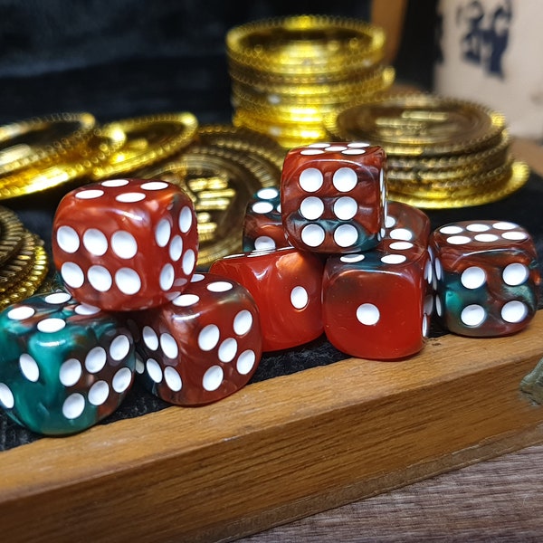 Opaque Marble Red & Green | 10-Set of D6 12mm Pip Dice