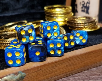 Opaque Marble Black & Blue with Yellow Text | 10-Set of D6 12mm Pip Dice