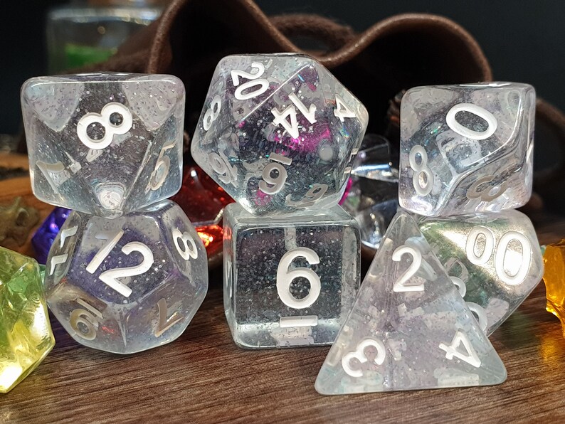 7 Dice Polyset BluePurple Glitter Clear Gem