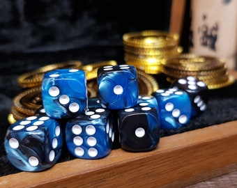 Opaque Marble Black & Blue with White Text | 10-Set of D6 12mm Pip Dice
