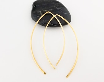 Thick Gold Open Hoop Threader Earrings Hammered 14k 18k 22k Yellow Rose Gold Arc Earrings
