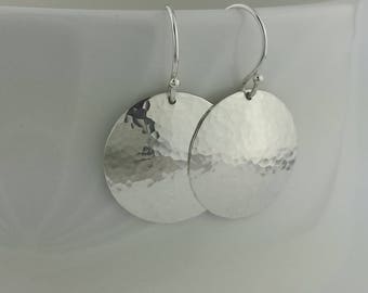 Round Domed Disc Hammered Earrings, Round Sterling Silver Earrings