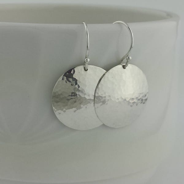 Round Domed Disc Hammered Earrings, Round Sterling Silver Earrings