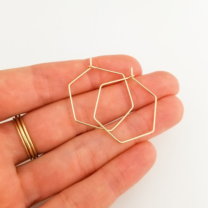 Thin Solid 14k Gold Hexagon Hoop Earrings Geometric image 3