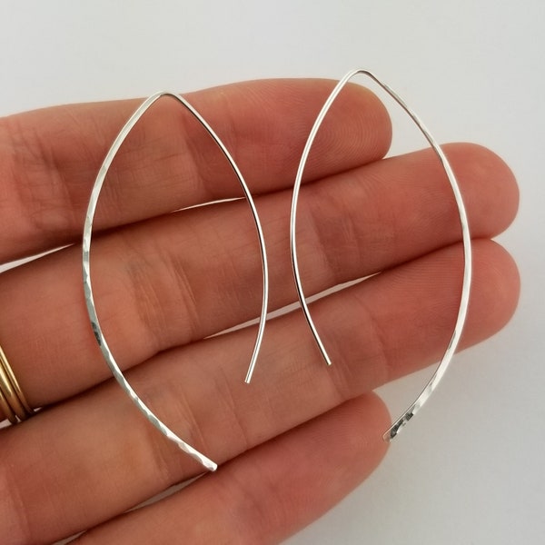 Hammered Silver Threader Earrings Thin 20 Gauge Argentium Sterling Silver Open Hoop Earrings Wishbone