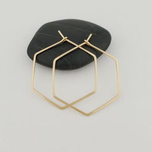Thin Gold Filled 14k Gold Hexagon Hoop Earrings, Hammered Flat, Smooth Finish, Geometric