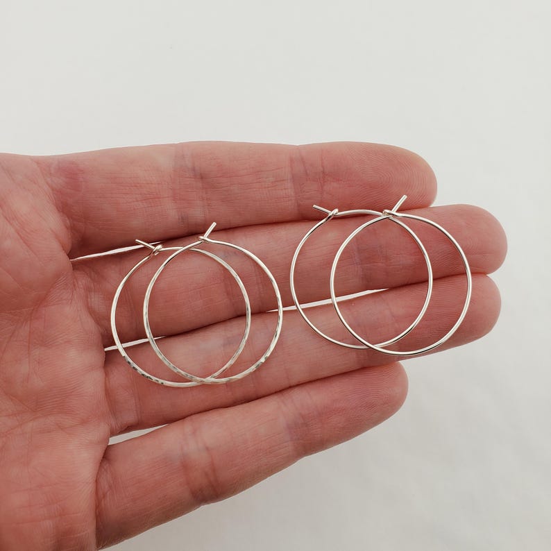 Small to Large Thin Argentium Sterling Silver Hoop Earrings, Hammered Wire Loop Earrings 1 inches