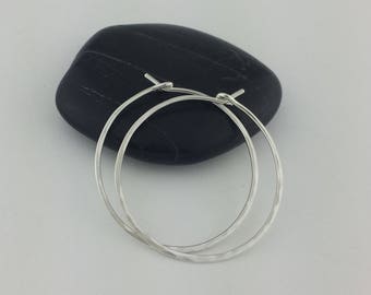 Thin 1" Hammered Silver Hoop Earrings, 20 Gauge, Argentium Sterling Silver Hoops, Hammered Hoops, Round Hoops