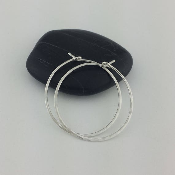 Thin 1 Hammered Silver Hoop Earrings 20 Gauge Sterling Etsy