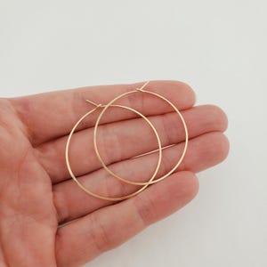 May include: A pair of gold hoop earrings. The hoops are thin and delicate, and they are shown on a hand.