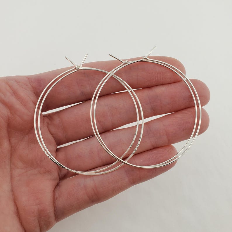 Small to Large Thin Argentium Sterling Silver Hoop Earrings, Hammered Wire Loop Earrings 2 inches