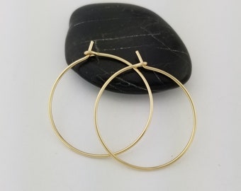 Thin Gold Hoop Earrings Solid 14k Gold Hammered or Classic Jewelry Christmas Gift for Wife