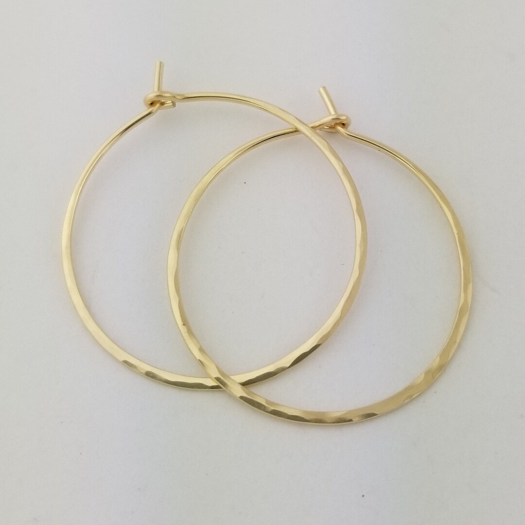 Real Gold Hoop Earrings Solid 14k Lightly Hammered 20 Gauge Thin Gold