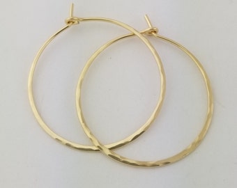 Real Gold Hoop Earrings Solid 14k Lightly Hammered 20 Gauge Thin Gold Hoops Valentine Gift for Daughter