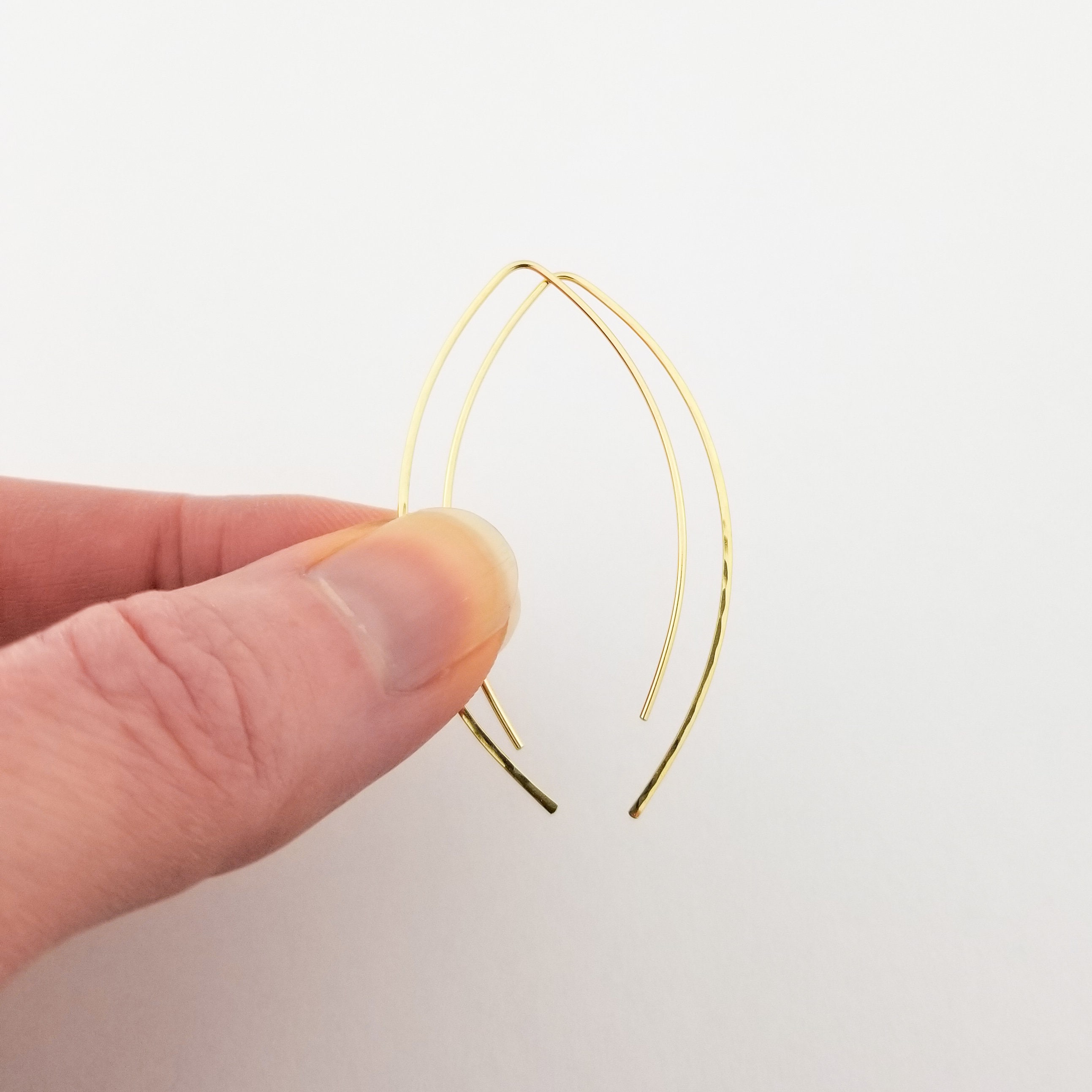 Thin 14k Hammered Solid Gold Open Hoop Threader Earrings