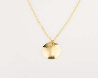 Gold Domed Disc Necklace Solid 14k Gold, Hammered Layering Necklace, Wife Gift Jewelry for Christmas