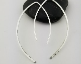 Thick Hammered Silver Threader Earrings, 18 Gauge, Sterling Silver Open Hoop Earrings Wishbone