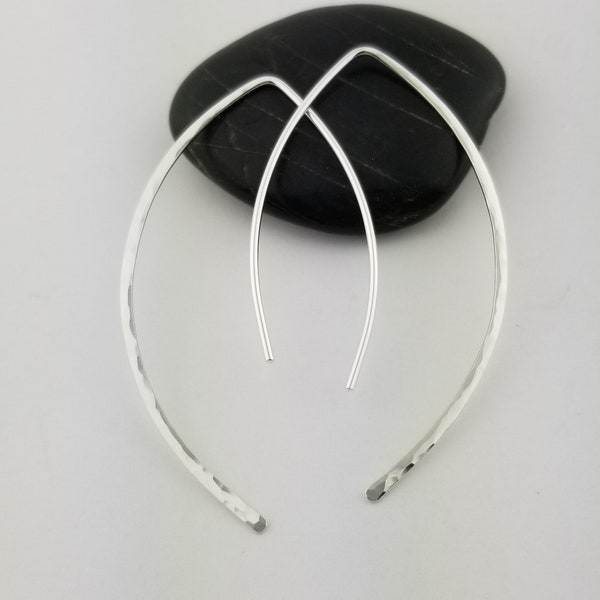 Thick Hammered Silver Threader Earrings, 18 Gauge, Sterling Silver Open Hoop Earrings Wishbone