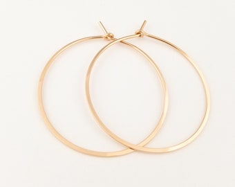 Thick 14k Rose Gold Flat Hammered Hoop Solid 14k Rose Gold, Jewelry Christmas Gift for Wife