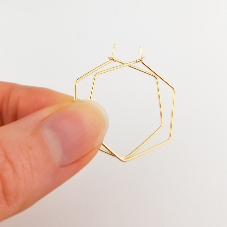 Thin Solid 14k Gold Hexagon Hoop Earrings Geometric image 4