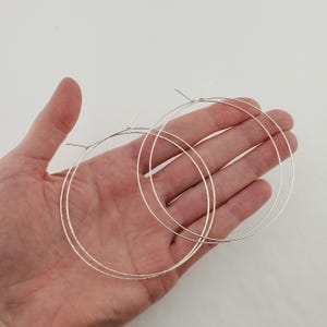 Small to Large Thin Argentium Sterling Silver Hoop Earrings, Hammered Wire Loop Earrings 3 inches