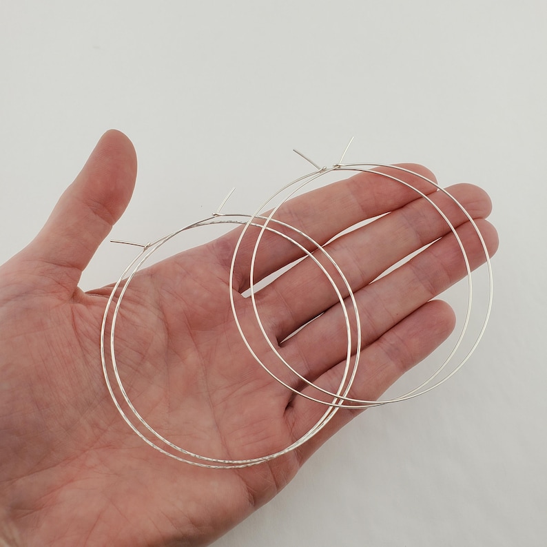 Small to Large Thin Argentium Sterling Silver Hoop Earrings, Hammered Wire Loop Earrings 3 inches
