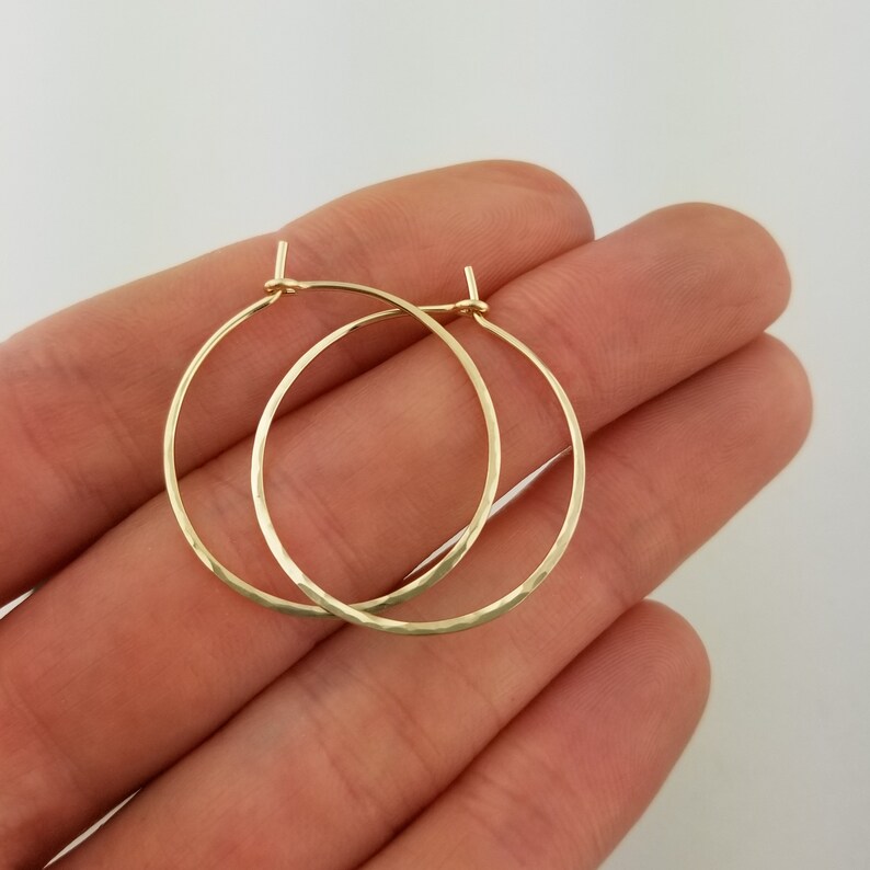 Thin Solid 14k Gold Hammered Hoop Earrings 20 Gauge
