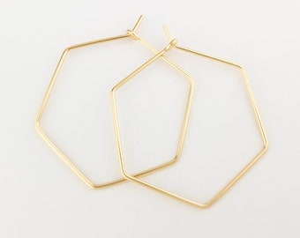 Thin Solid 14k Gold Hexagon Hoop Earrings Geometric