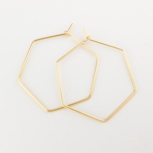 Thin Solid 14k Gold Hexagon Hoop Earrings Geometric Etsy