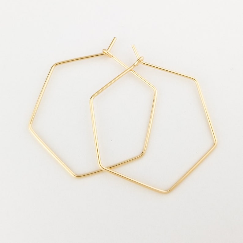 Thin Solid 14k Gold Hexagon Hoop Earrings Geometric image 1