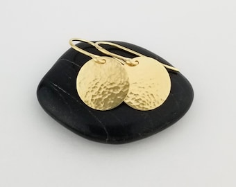 Real Gold Hammered Disc Earrings Solid 14k Gold, Mother's Day Gift for Her