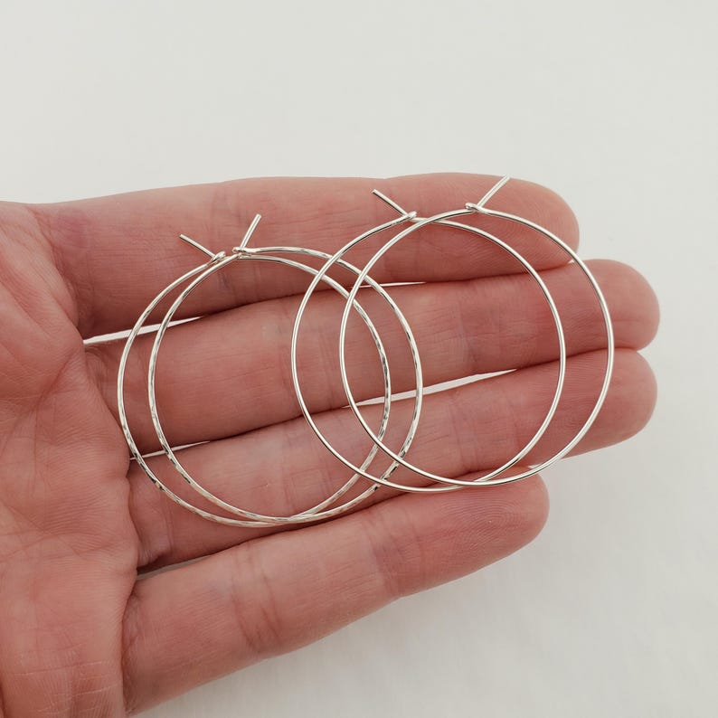 Small to Large Thin Argentium Sterling Silver Hoop Earrings, Hammered Wire Loop Earrings 1.5 inches