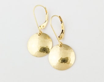 14k Disc Earrings Hammered and Domed with Leverback Ear Wire